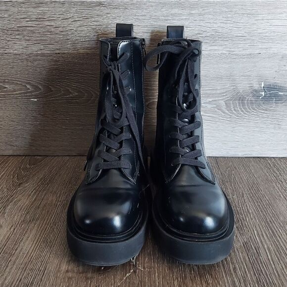 H&M Black Faux Leather Combat Style Lace Up/ Zip Platform Boots Sz 5 (37 EU) - Picture 2 of 9